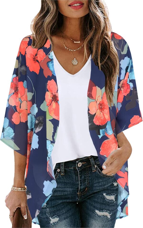 Women's Floral Print Puff Sleeve Kimono Cardigan Loose Cover Up Casual Blouse Tops