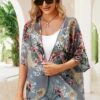 Women's Floral Print Puff Sleeve Kimono Cardigan Loose Cover Up Casual Blouse Tops