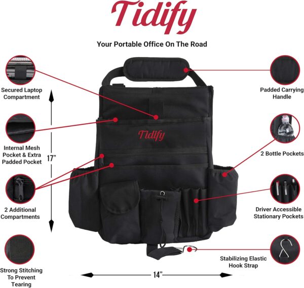 Tidify Car Front Seat Organizer [2023 UPDATED] with Dedicated Tablet and Laptop Storage Stabilizing Side Straps Soft Adjustable Shoulder Strap and Hardened Buckles Your Office Away from Office