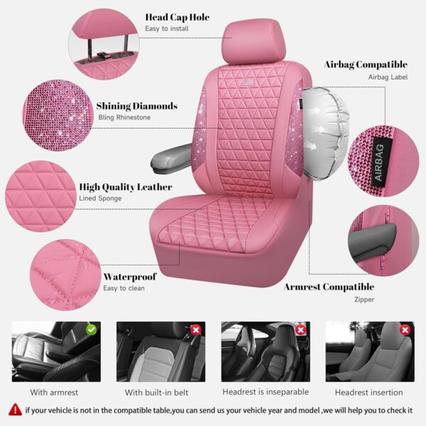 CAR PASS Bling Diamond Pink Leather Car Seat Covers for 2 Front Seats Protector, Waterproof Shining Glitter Sparkly Crystal Universal Armrest Fit Automotive Truck SUV Cute Women Girl, Pink Rhinestone