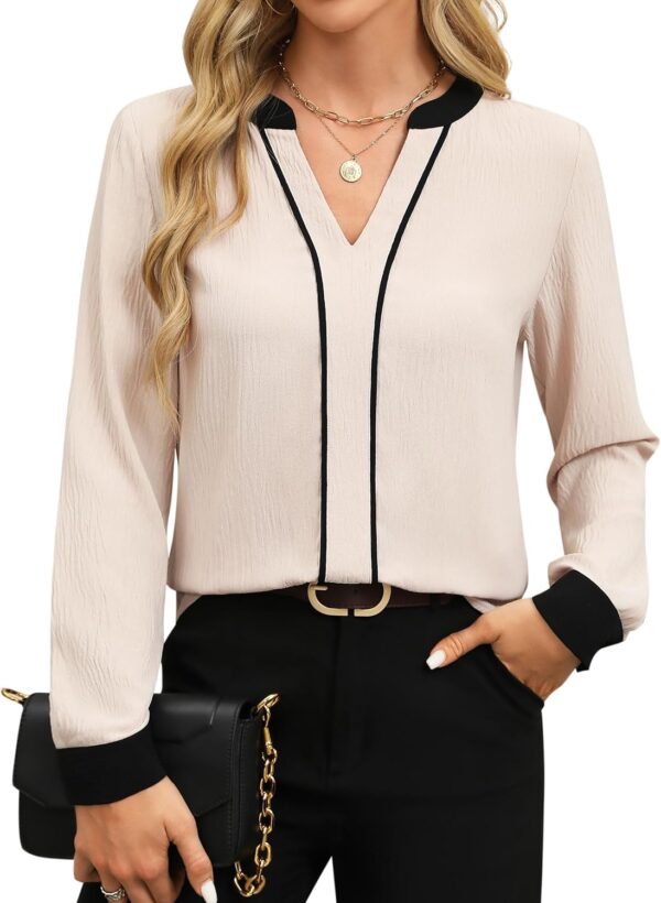 Fayenne Womens Tops Dressy Casual V Neck Color Block Business Casual Blouses Long Sleeve Work Shirts Fall Trendy Clothes