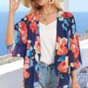 Women's Floral Print Puff Sleeve Kimono Cardigan Loose Cover Up Casual Blouse Tops