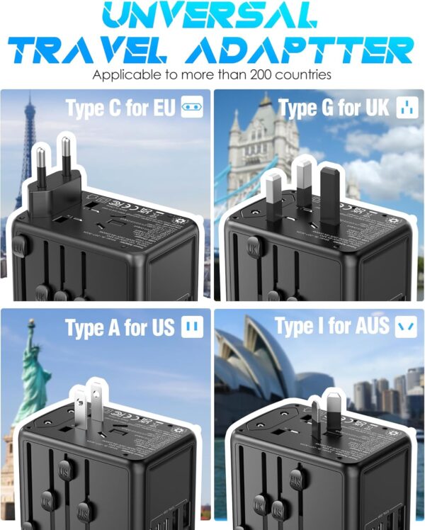 Universal Travel Adapter Offers 5.8A 3X 3.0A USB-C Ports, 2X 2.4A USB-A Ports and Multi AC Outlet, All-in-One International Power Plug Adaptor Worldwide Charger for EU US UK AU 200+ Countries