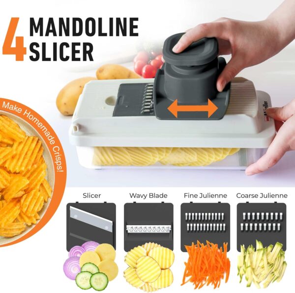 Mueller Vegetable Chopper 9 Blade, Mandoline Slicer, Food Veggie Chopper, Cheese Grater, Onion Vegetable Cutter with Container, Dicer, Kitchen Gadgets & Essentials, White Sand/Grey