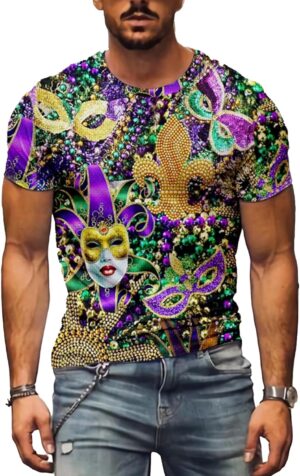 Mardi Gras Shirt for Men Glitter Mask Graphic Festival T Shirt Tuesday Carnival New Orleans Party Tee Tops