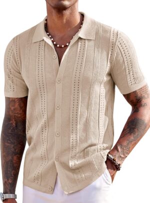 COOFANDY Men's Knit Shirts Short Sleeve Button Down Polo Shirt Fashion Casual Summer Beach Shirts