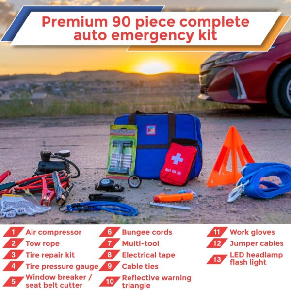 90 Piece Car Emergency Roadside Kit Tool Set w/Safety Kit for Women & Men - Essential Safety & Survival Assistance Kit for Travel, Camping, Road Trip, Truck, SUV