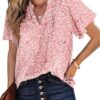 SHEWIN Women's Casual V Neck Floral Print Smocked Short Sleeve Chiffon Blouses Bohemian Top Shirts