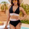 Blooming Jelly Women High Waisted Bikini Sets Tummy Control Swimsuits Color Block Two Piece Drawstring Bathing Suit