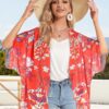 Women's Floral Print Puff Sleeve Kimono Cardigan Loose Cover Up Casual Blouse Tops