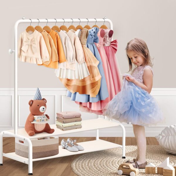 Kids Clothing Rack - Kids Dress Up Clothes Storage Racks - Baby Toddler Closet - Freestanding Coat Rack with 2 Fabric Shelves - Small Kids Costume Wardrobe - Garment Rack for Hanging Clothes Organizer