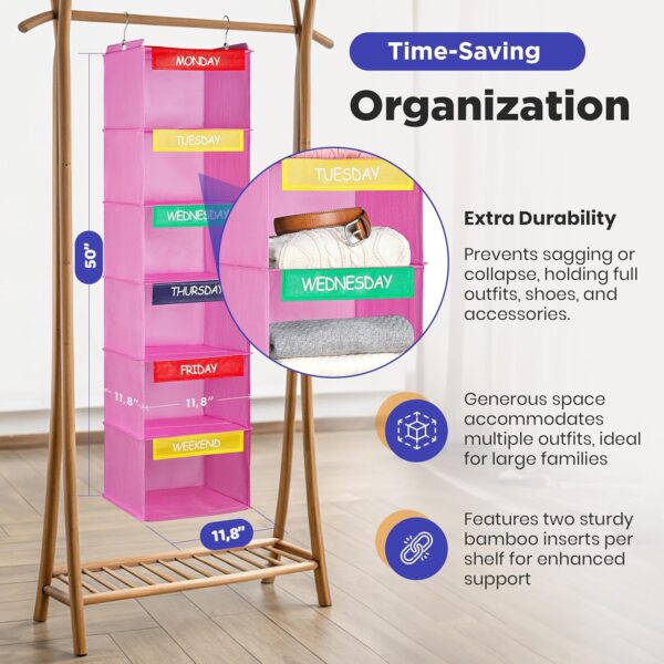 Weekly Clothes Organizer for Kids - 6-Shelf - Hanging Closet Daily Clothing Organization Labeled Shelves with Days of the Week Monday Through Friday, Weekday and Weekend (Pink)