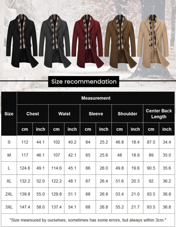 COOFANDY Men's Wool Blend Coat with Detachable Plaid Scarfs Notched Collar Single Breasted Pea Coat Trench Overcoat