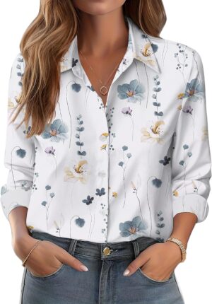 Zeagoo Button Down Shirts for Women Dressy Floral Printed Long Sleeve Blouse Business Casual Work Tops