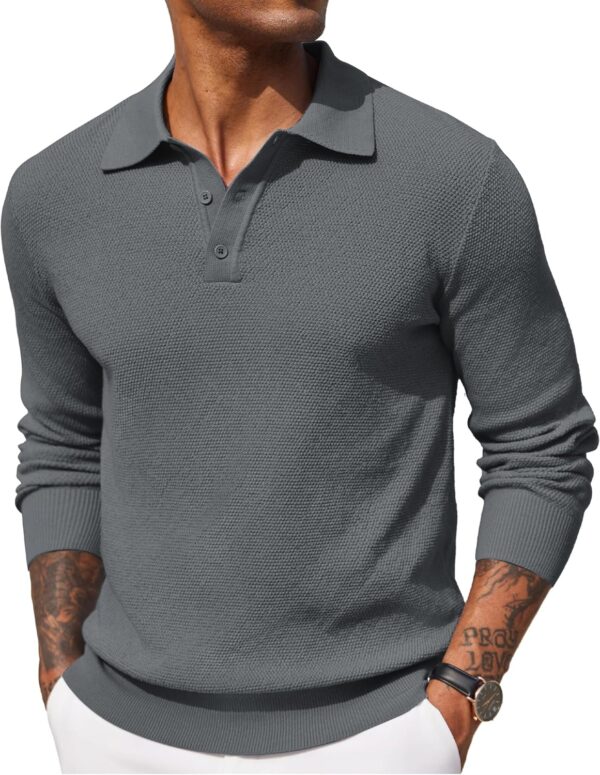 COOFANDY Mens Knit Polo Shirts Long Sleeve Casual Polo Sweaters Shirt Waffle Textured Collared Sweater