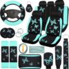 BBTO 43 Pcs Butterfly Car Seat Full Set Butterfly Car Accessories for Women 5 Front Rear Seat Covers Wrist Strap 2 Pcs Cup Mat Armrest Pad 2 Belt Cover Accessories for SUV(Mint Green, Black)