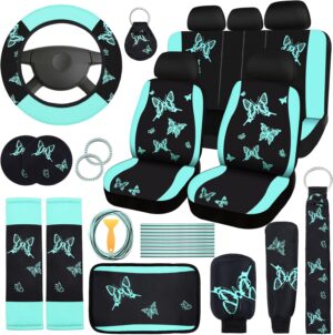 BBTO 43 Pcs Butterfly Car Seat Full Set Butterfly Car Accessories for Women 5 Front Rear Seat Covers Wrist Strap 2 Pcs Cup Mat Armrest Pad 2 Belt Cover Accessories for SUV(Mint Green, Black)