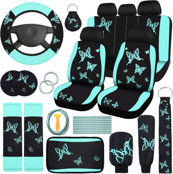 BBTO 43 Pcs Butterfly Car Seat Full Set Butterfly Car Accessories for Women 5 Front Rear Seat Covers Wrist Strap 2 Pcs Cup Mat Armrest Pad 2 Belt Cover Accessories for SUV(Mint Green, Black)