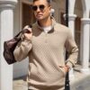 COOFANDY Mens Quarter Zip Pullover Quilted Sweatshirt Knit Long Sleeve Mock Neck Sweater Polo with Pocket