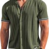 COOFANDY Men's Short Sleeve Knit Shirt Casual Button Down Shirt Vintage Striped Knitted Golf Beach Tops