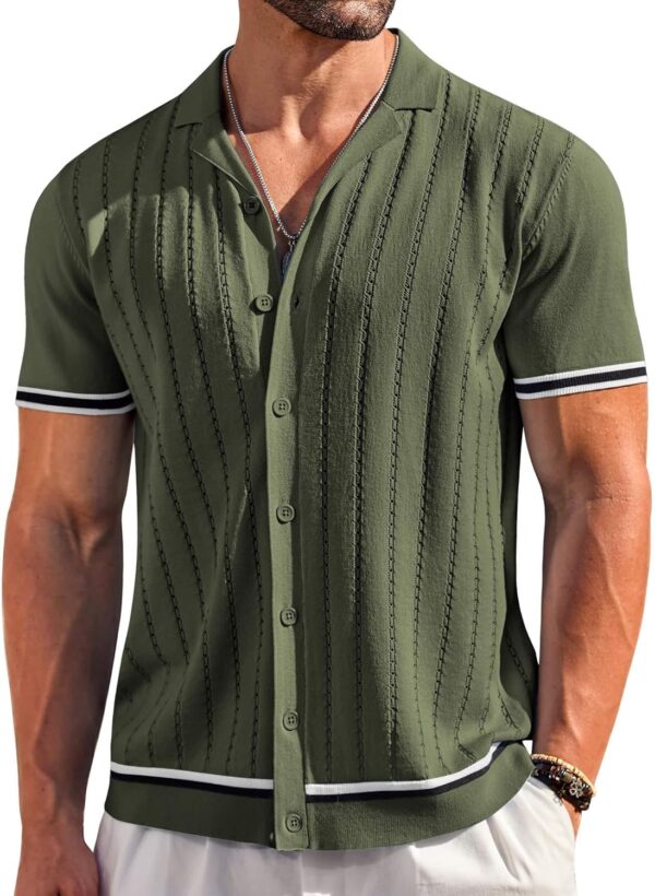 COOFANDY Men's Short Sleeve Knit Shirt Casual Button Down Shirt Vintage Striped Knitted Golf Beach Tops