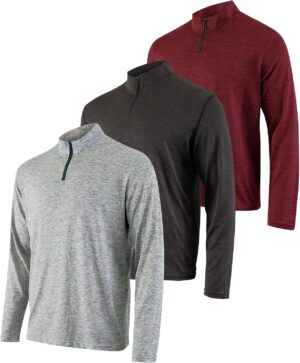 Real Essentials 3 Pack: Men's Dry-Fit Active Quarter Zip Long Sleeve Athletic Performance Pullover (Available In Big & Tall)