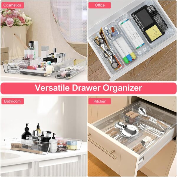 70 Piece Clear Plastic Drawer Organizer Set, 4 Sizes of Bathroom Drawer Organizers and Storage Bins, Dresser Desk Drawer Organizer Tray for Jewelry, Makeup, Gadgets, Junk, Kitchen Utensils