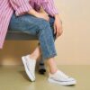 hash bubbie White Sneakers for Women Low Top Canvas Shoes Womens Canvas Sneakers Women's Fashion Sneakers Slip on Casual Tennis Shoes