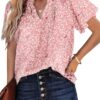 SHEWIN Women's Casual V Neck Floral Print Smocked Short Sleeve Chiffon Blouses Bohemian Top Shirts