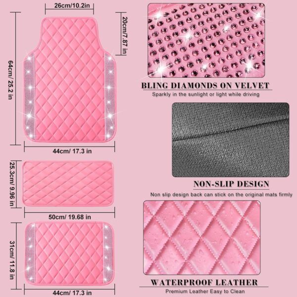 NBTEPEM Pink Bling Leather Car Floor Mats Full Set, Sparkly Diamond Car Mats Universal Fit Most Automotive, Glitter Rhinestone Carpet Waterproof Anti-Slip, 5 pcs Set (Pink Leather Diamond)