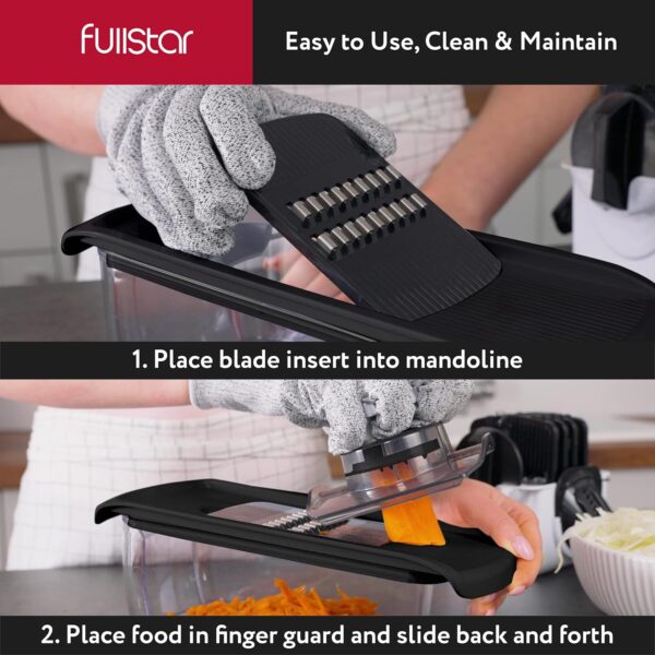 Fullstar Mandoline Slicer for Kitchen, Cucumber Slicer, Cheese Grater Vegetable Spiralizer and Veggie Slicer for Cooking, Kitchen Gadgets Organizer & Safety Glove Included (6 in 1, Black)