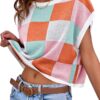 Saodimallsu Womens Cap Sleeve Crop Tops Summer Color Block Going Out Crew Neck Knit Trendy Casual Sweater