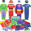 Boys Muscle Chest Dress up Costumes Trunk with Superhero, Policeman, Fireman Costume, Kids Pretend Role Play Costumes Set, Boys Dress up Clothes for Kids Ages 3 4 5 6 7