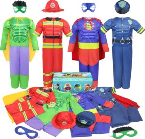 Boys Muscle Chest Dress up Costumes Trunk with Superhero, Policeman, Fireman Costume, Kids Pretend Role Play Costumes Set, Boys Dress up Clothes for Kids Ages 3 4 5 6 7