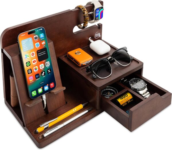 Nightstand Organizer- Brown Desk Organizer for Cellphone, Tablet, Watches, Sunglasses & Accessories Makes Ideal Gifts for Men, Father, Dad or Son