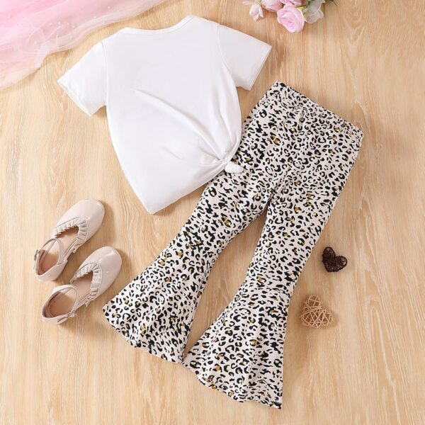 Kids Toddler Girl Clothes Letter Print Graphic Top + Leopard Print Flare Leg Pants 2PC Summer Clothing Set