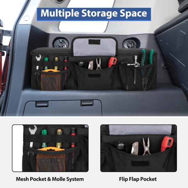 Car Trunk Organizer Compatible with Toyota FJ Cruiser 2007-2021, Rear Storage Bag with 3 Pieces of 1.5” Wide Hook&Loop Tapes, 2 Adjustable Hanging Loops, Multiple Pockets, Black