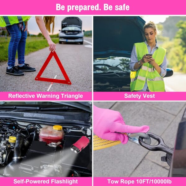 Roadside Emergency Car kit for Vehicles, with 4 in 1 Inflatable Car Vacuum Cleaner, Pink Jumper Cables, First Aid Kit, Tow Rope, Vehicle Road Trip Must Haves Pink Accessories for Women