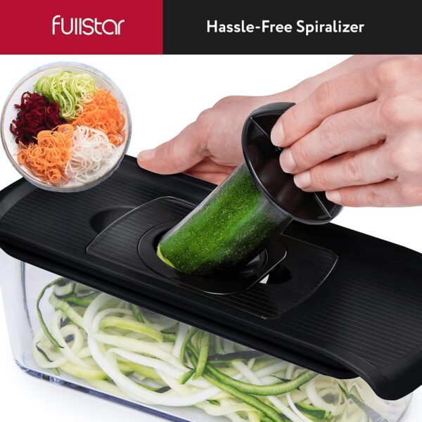 Fullstar Mandoline Slicer for Kitchen, Cucumber Slicer, Cheese Grater Vegetable Spiralizer and Veggie Slicer for Cooking, Kitchen Gadgets Organizer & Safety Glove Included (6 in 1, Black)