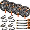 4 Pack Car Tie Down Straps for Trailers with Heavy Duty Chain Anchors 2" x 96" - 3,300 lbs Safe Working Load -Adjustable Wheel Straps with Chain Hook Anchors for Trailers.Orange