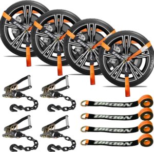 4 Pack Car Tie Down Straps for Trailers with Heavy Duty Chain Anchors 2" x 96" - 3,300 lbs Safe Working Load -Adjustable Wheel Straps with Chain Hook Anchors for Trailers.Orange