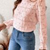 CUPSHE Women Eyelet Long Sleeve Tops Shirts Dressy Hollow Out Crochet Lace Embroidered Blouses 2025 Fashion