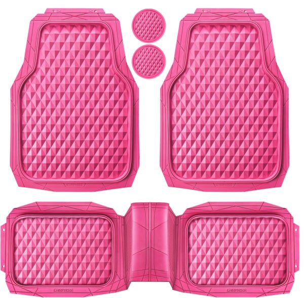 CAR PASS Heavy Duty Rubber Pink Car Floor Mats, Deep Dish All-Weather Full Set Durable Anti-Slip 3D Rhombus Waterproof Trim to Fit Liner Universal Fit Automotive,Sedan,SUV,Truck, 3 Pcs Hot Pink