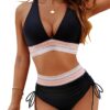 Blooming Jelly Women High Waisted Bikini Sets Tummy Control Swimsuits Color Block Two Piece Drawstring Bathing Suit