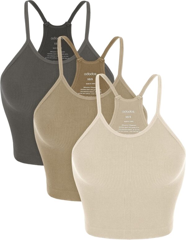 ODODOS Women's Crop 3-Pack Seamless Rib-Knit Camisole Crop Tank Tops