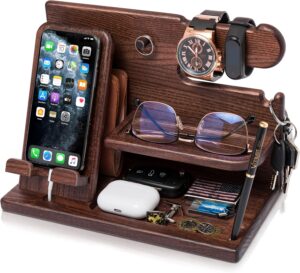 TESLYAR Wood Phone Docking Station for Men - Desk or Nightstand Organizer - Birthday Gifts for Husband, Dad - Anniversary Idea from Wife - Key Holder, Stand Wallet, Watch & Essentials (Bourbon Brown)