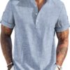 COOFANDY Men's Casual Henley Shirt Short Sleeve Band Collar Linen Shirt Summer Beach Hippie T-Shirts