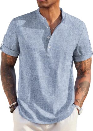 COOFANDY Men's Casual Henley Shirt Short Sleeve Band Collar Linen Shirt Summer Beach Hippie T-Shirts