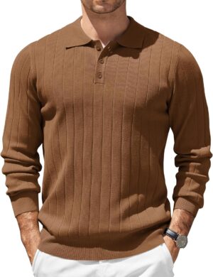 COOFANDY Mens Knit Polo Sweater Long Sleeve Polos Lightweight Casual Dress Pullover Sweaters