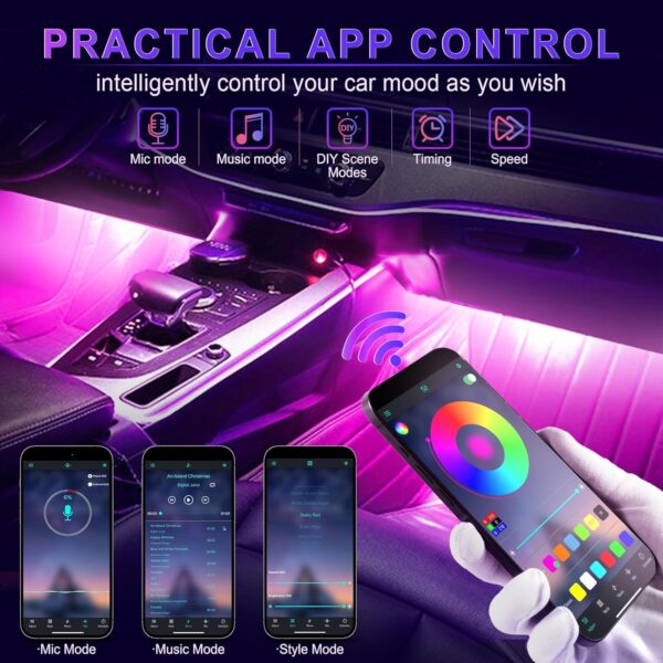 LivTee Accent Interior Car Lights, Smart Car Interior Lights with App Control, RGB LED Lights with Music Mode and DIY Mode, 2 Lines Design LED Lights for Cars with Charger, Car Accessories for Women